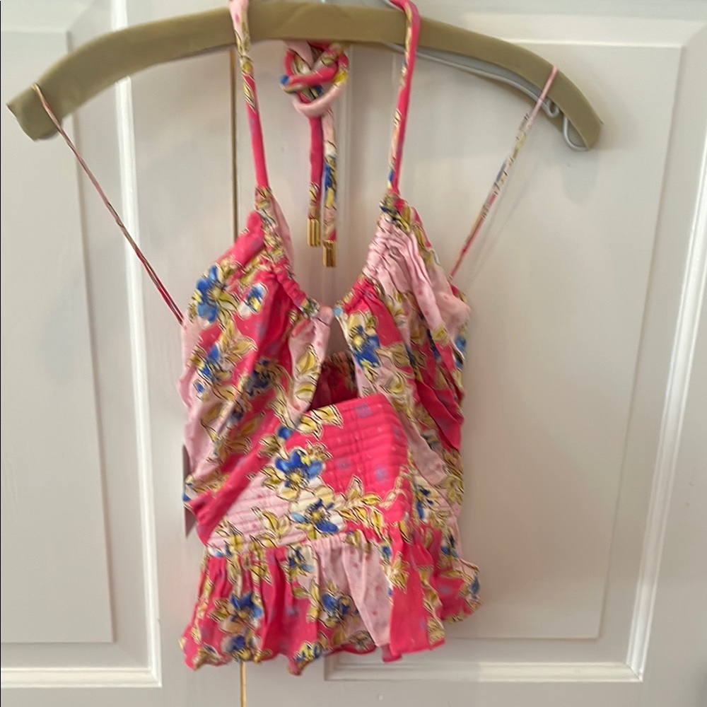 Gilbert Farrar Floral Pink and Blue Ruffled halter cutout Top